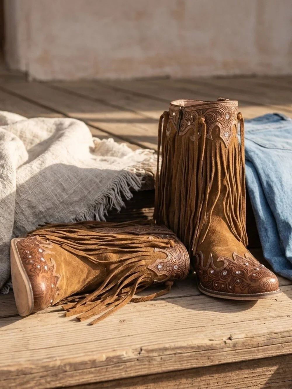 Goldrush Gleam Fringed Handtooled Leather Boots in Dusty Oak - Picture 3 of 3